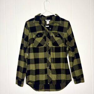 Duluth Trading Company Women’s Flannel Button Down Shirt Green Black Size XS